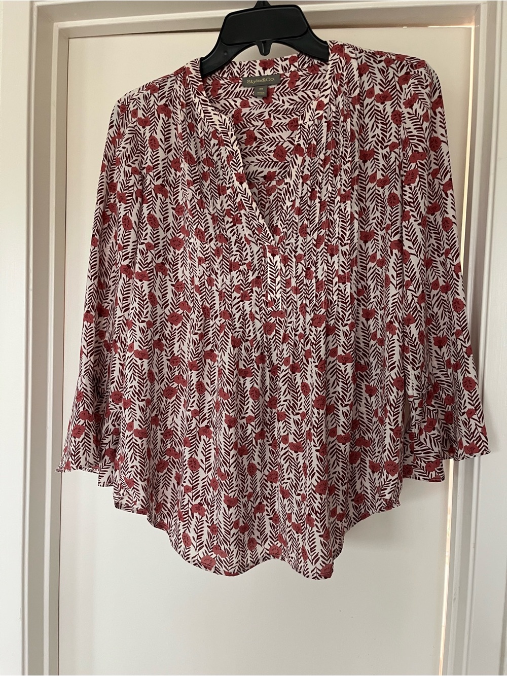 Style & Co. Red Floral Pleated V-Neck Blouse